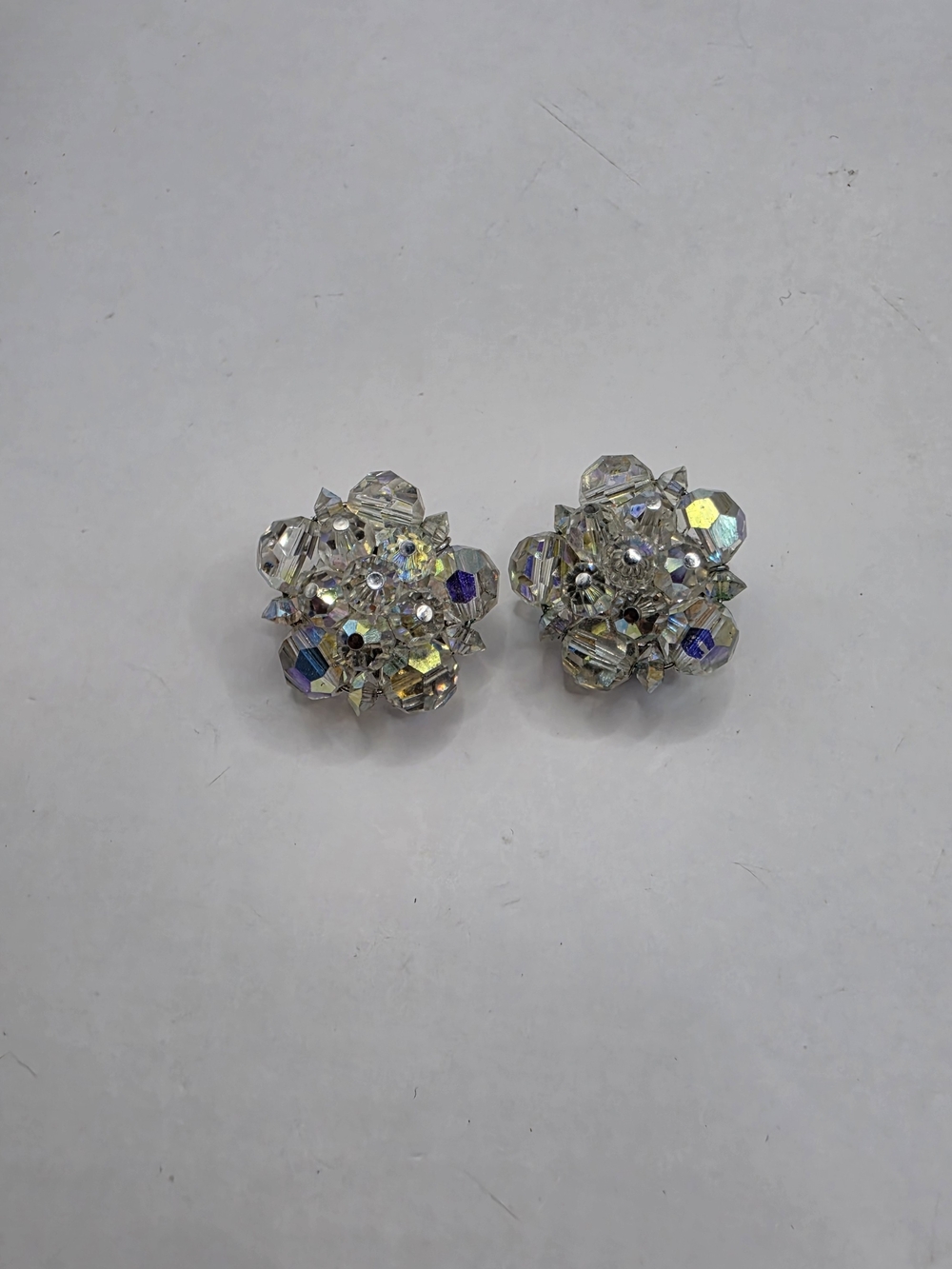 Crystal Cluster Clip-On Earrings - Clear Aurora Borealis